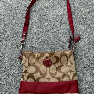 Coach Brown Signature Canvas Crossbody with Red Leather Trim